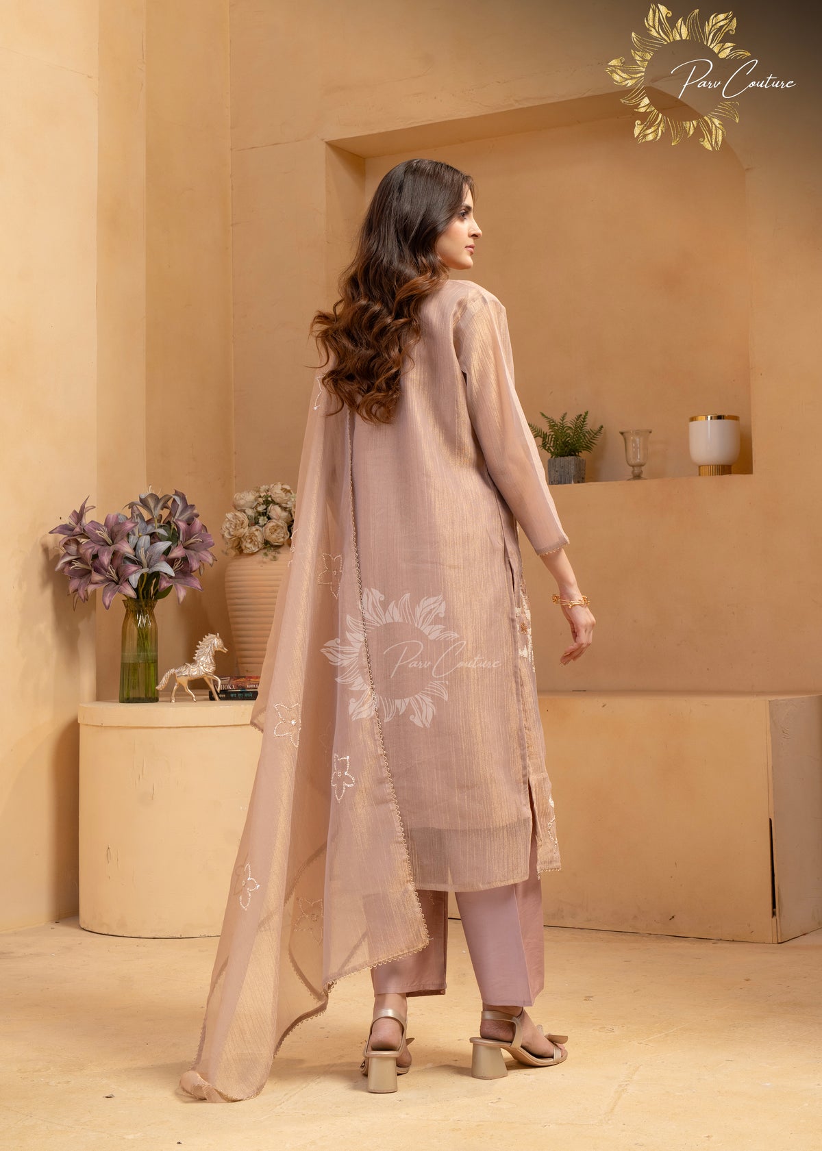 Dusty Rose Floral Embroidered Kurta Pant Set