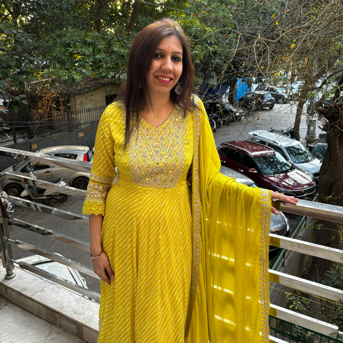 Mustard Leheriya Anarkali Suit Set