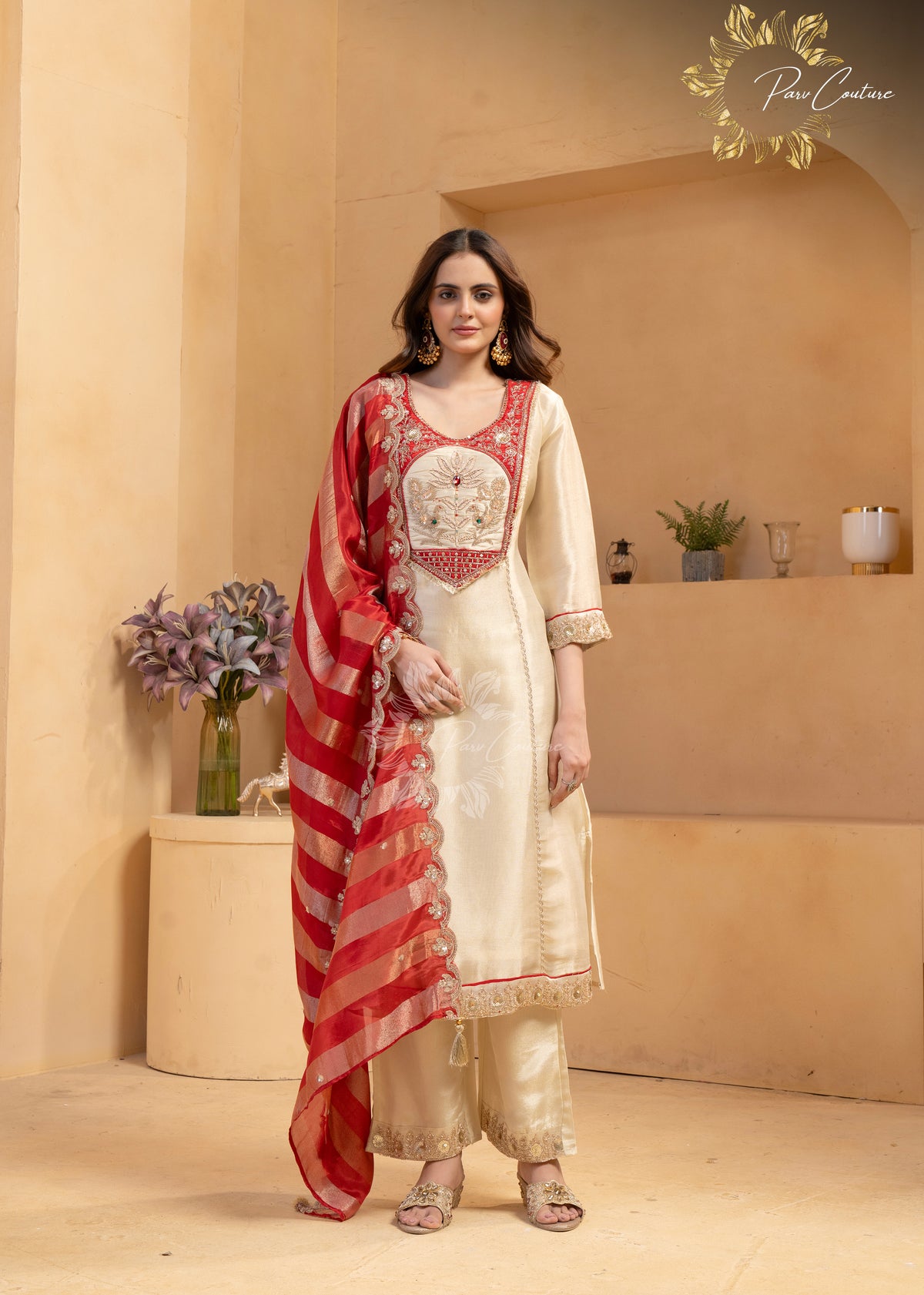 Ruby Royale – Ivory Gold Embroidered Suit Set