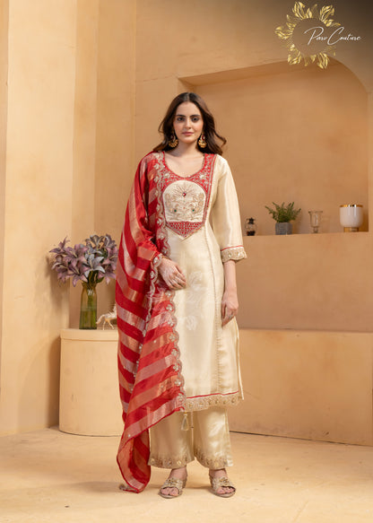 Ruby Royale – Ivory Gold Embroidered Suit Set