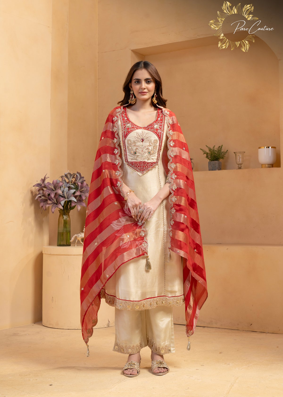 Ruby Royale – Ivory Gold Embroidered Suit Set