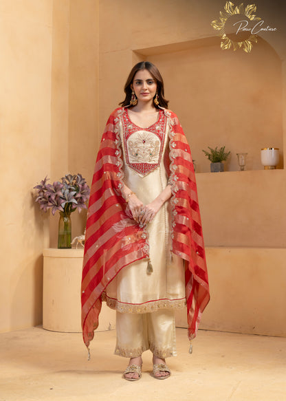 Ruby Royale – Ivory Gold Embroidered Suit Set