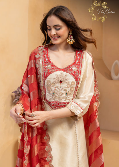 Ruby Royale – Ivory Gold Embroidered Suit Set