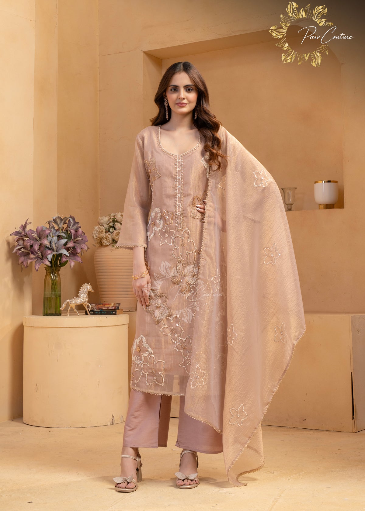 Dusty Rose Floral Embroidered Kurta Pant Set