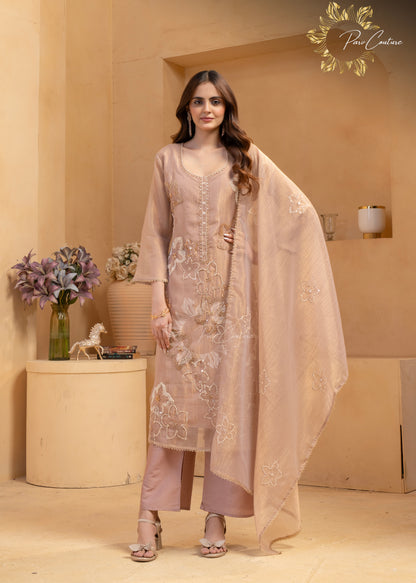 Dusty Rose Floral Embroidered Kurta Pant Set