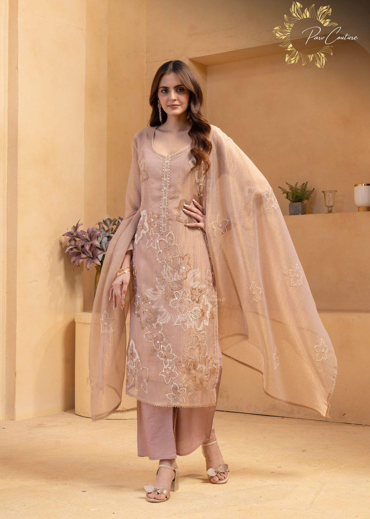 Dusty Rose Floral Embroidered Kurta Pant Set