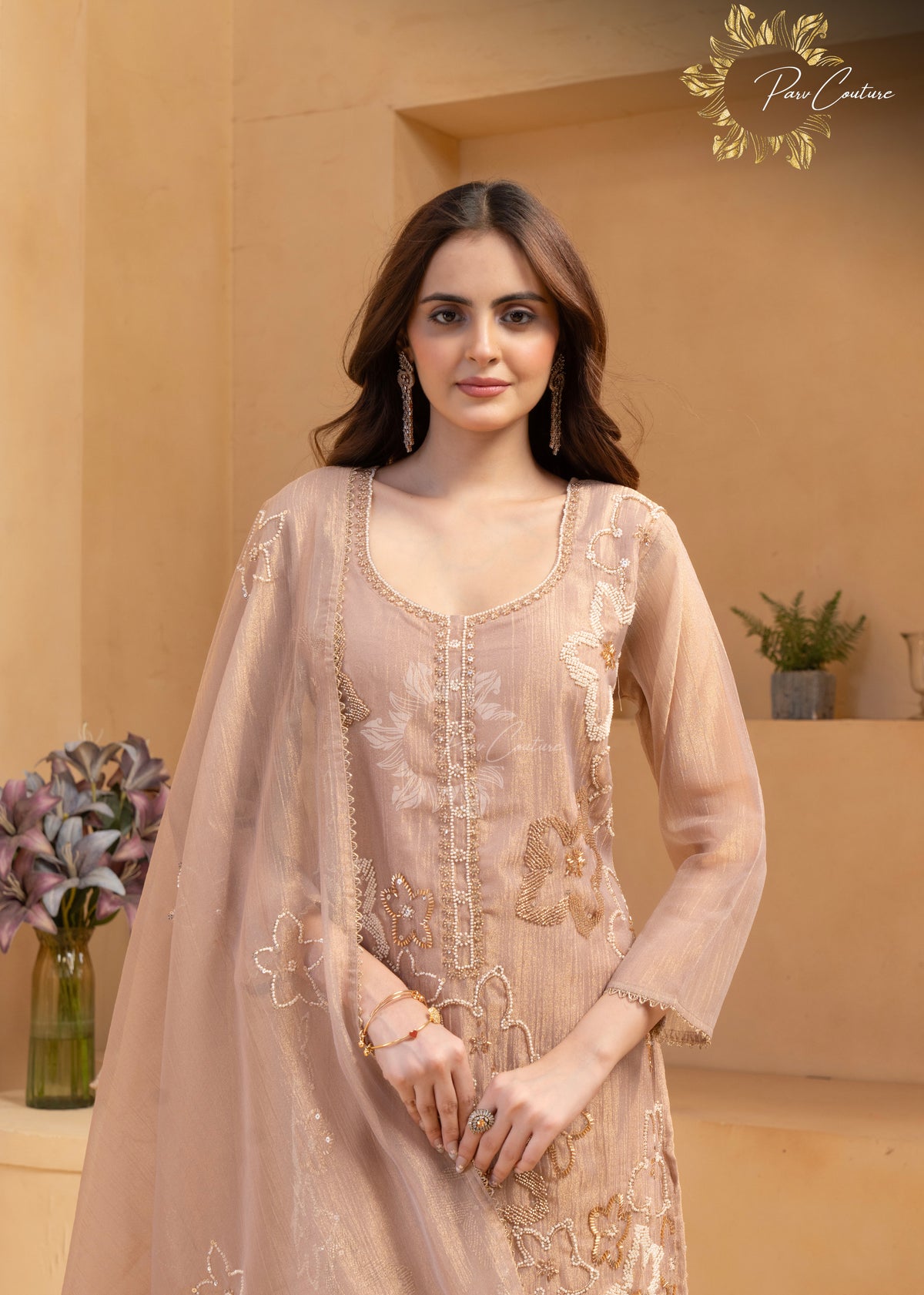 Dusty Rose Floral Embroidered Kurta Pant Set