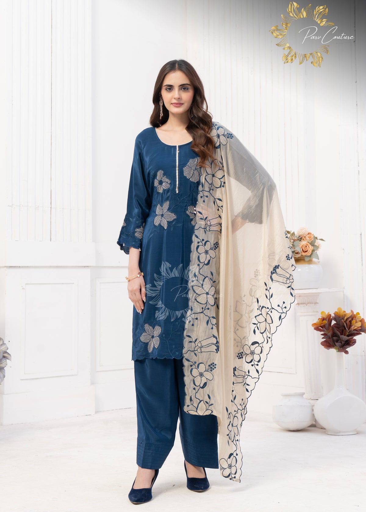 Midnight Bloom Navy Blue Embroidered Farshi Suit