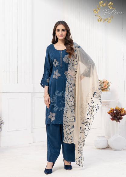 Midnight Bloom Navy Blue Embroidered Farshi Suit