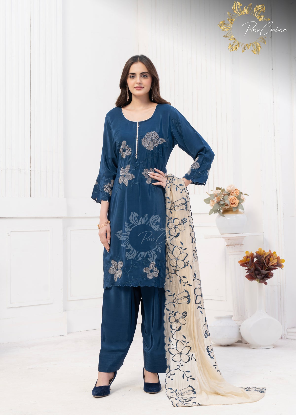 Midnight Bloom Navy Blue Embroidered Farshi Suit