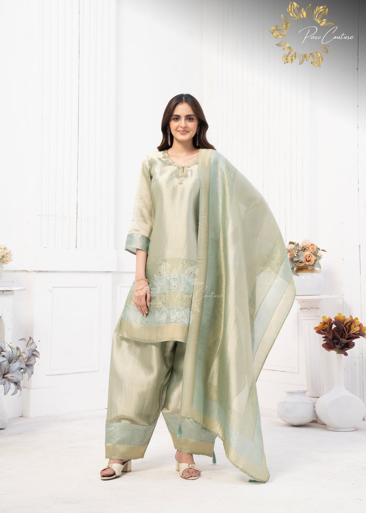 Sage Serenity Metallic Farshi Suit