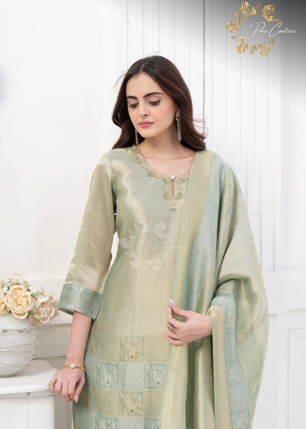 Sage Serenity Metallic Farshi Suit