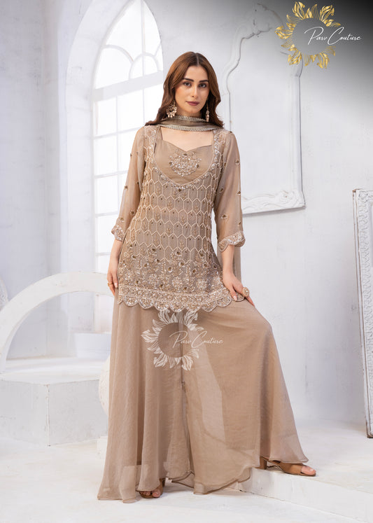 Taupe Luxe Embroidered Sharara Suit