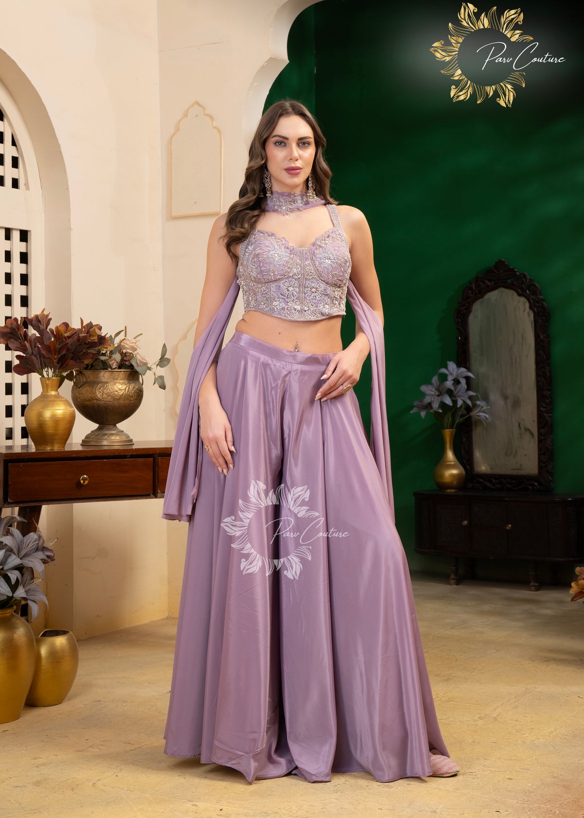 Aqua Mist & Lilac Embroidered Corset Sharara Set