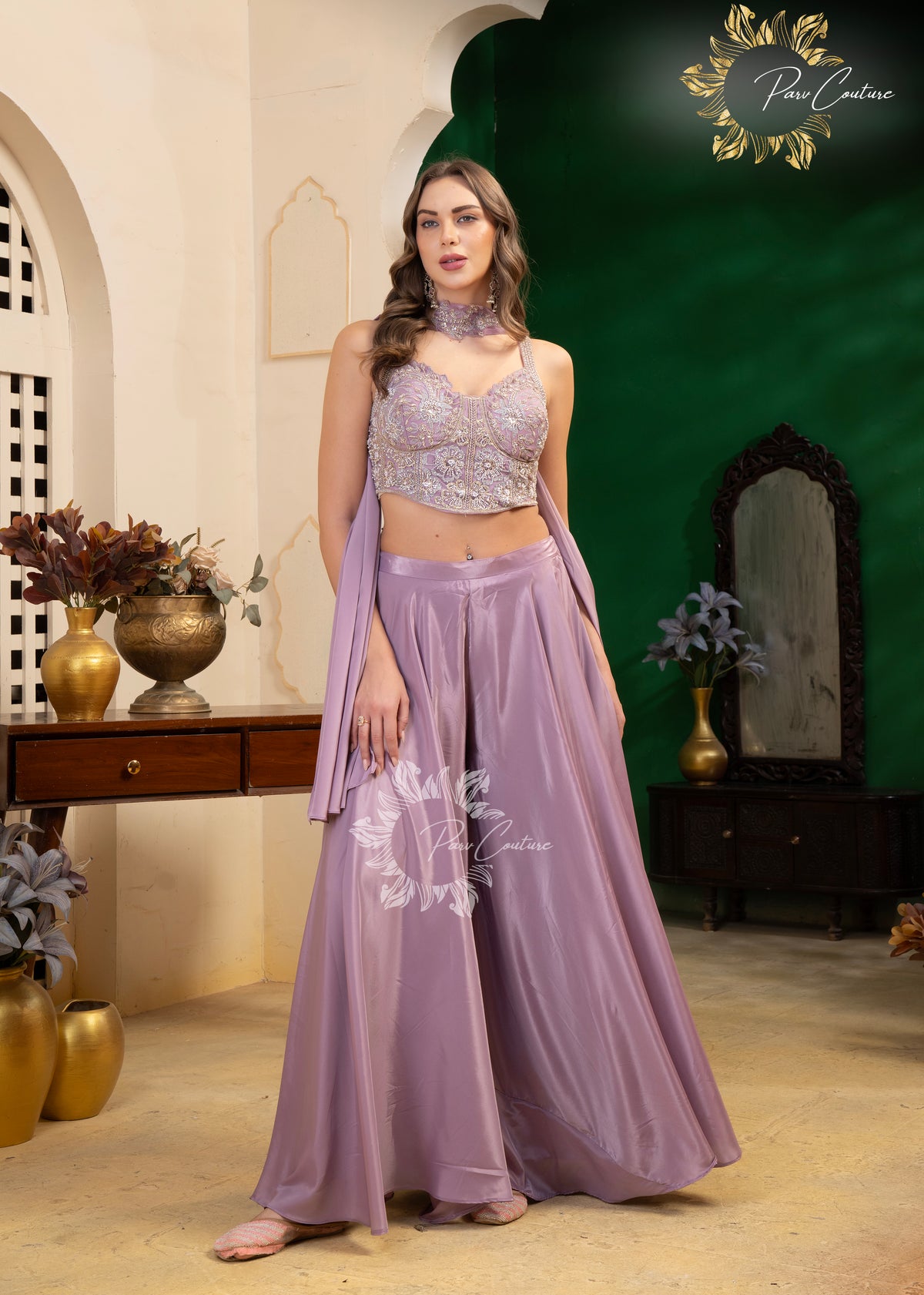 Aqua Mist & Lilac Embroidered Corset Sharara Set
