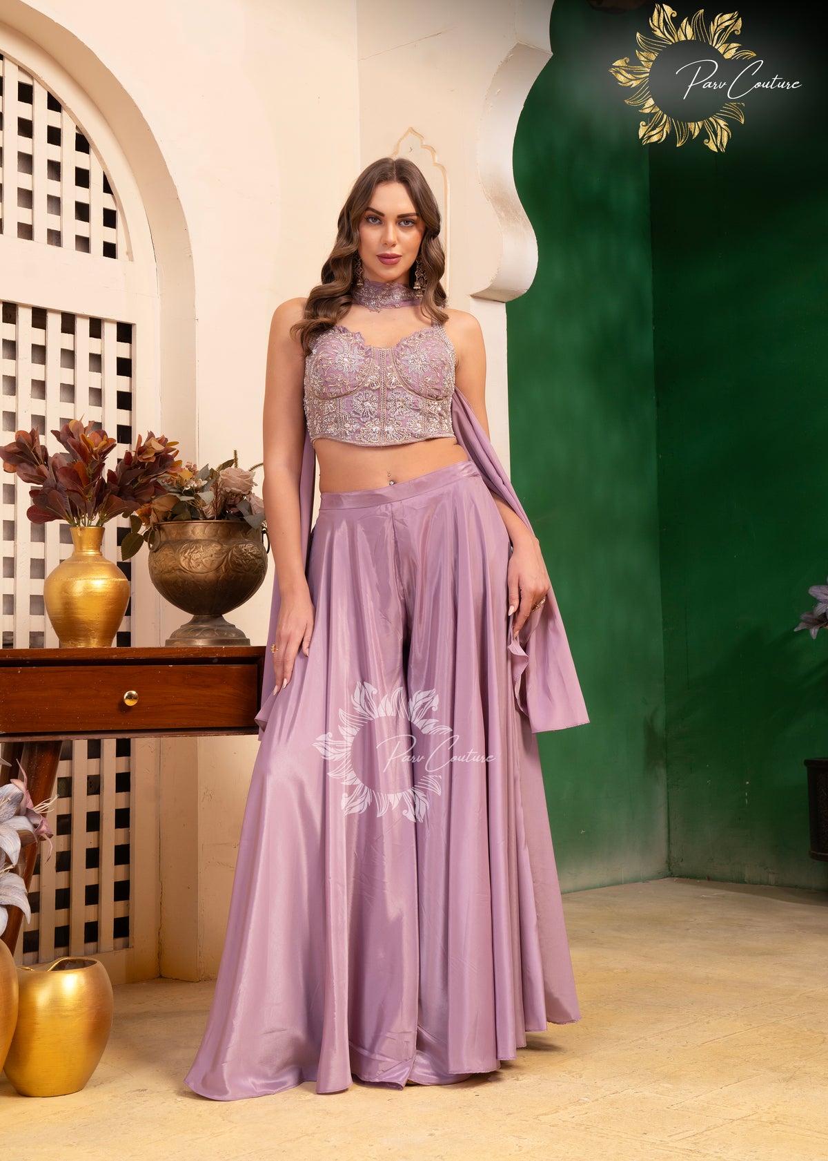 Aqua Mist & Lilac Embroidered Corset Sharara Set