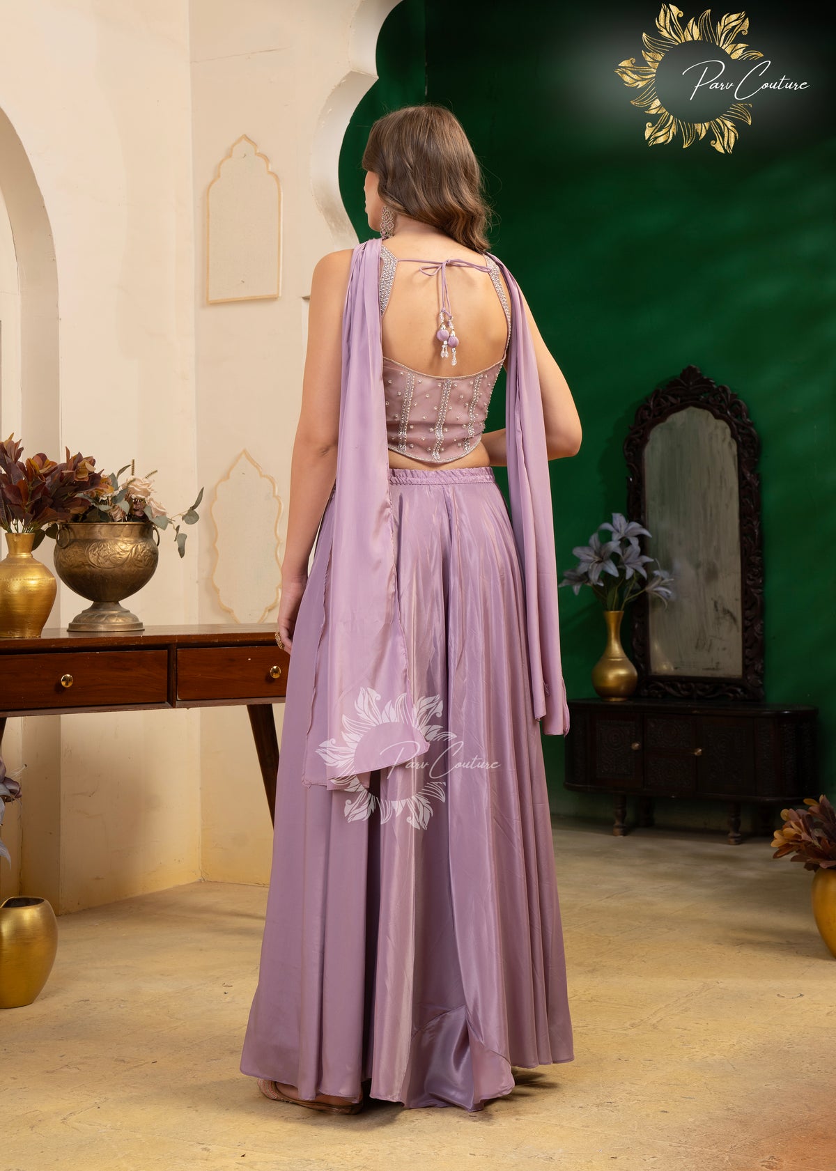 Aqua Mist & Lilac Embroidered Corset Sharara Set