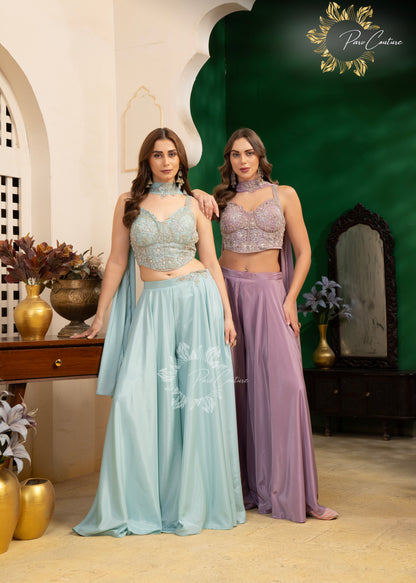 Aqua Mist & Lilac Embroidered Corset Sharara Set