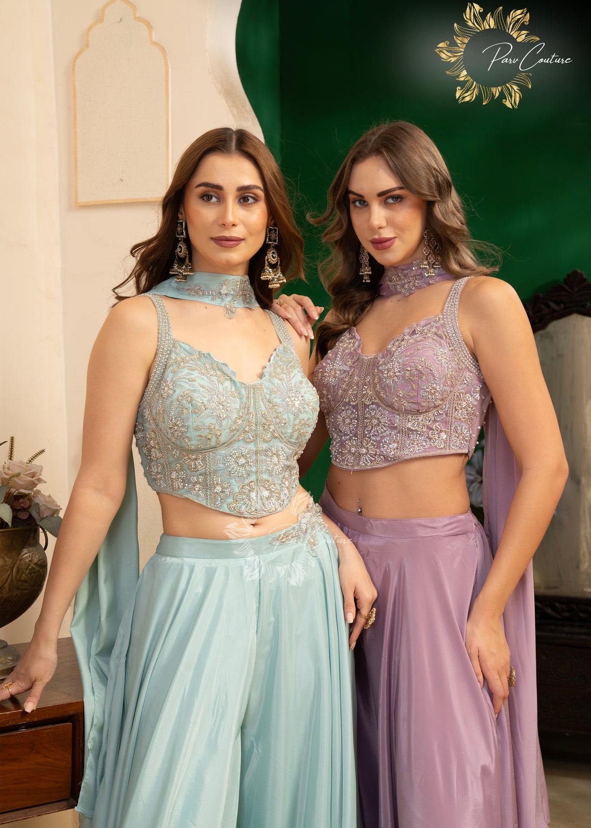 Aqua Mist & Lilac Embroidered Corset Sharara Set