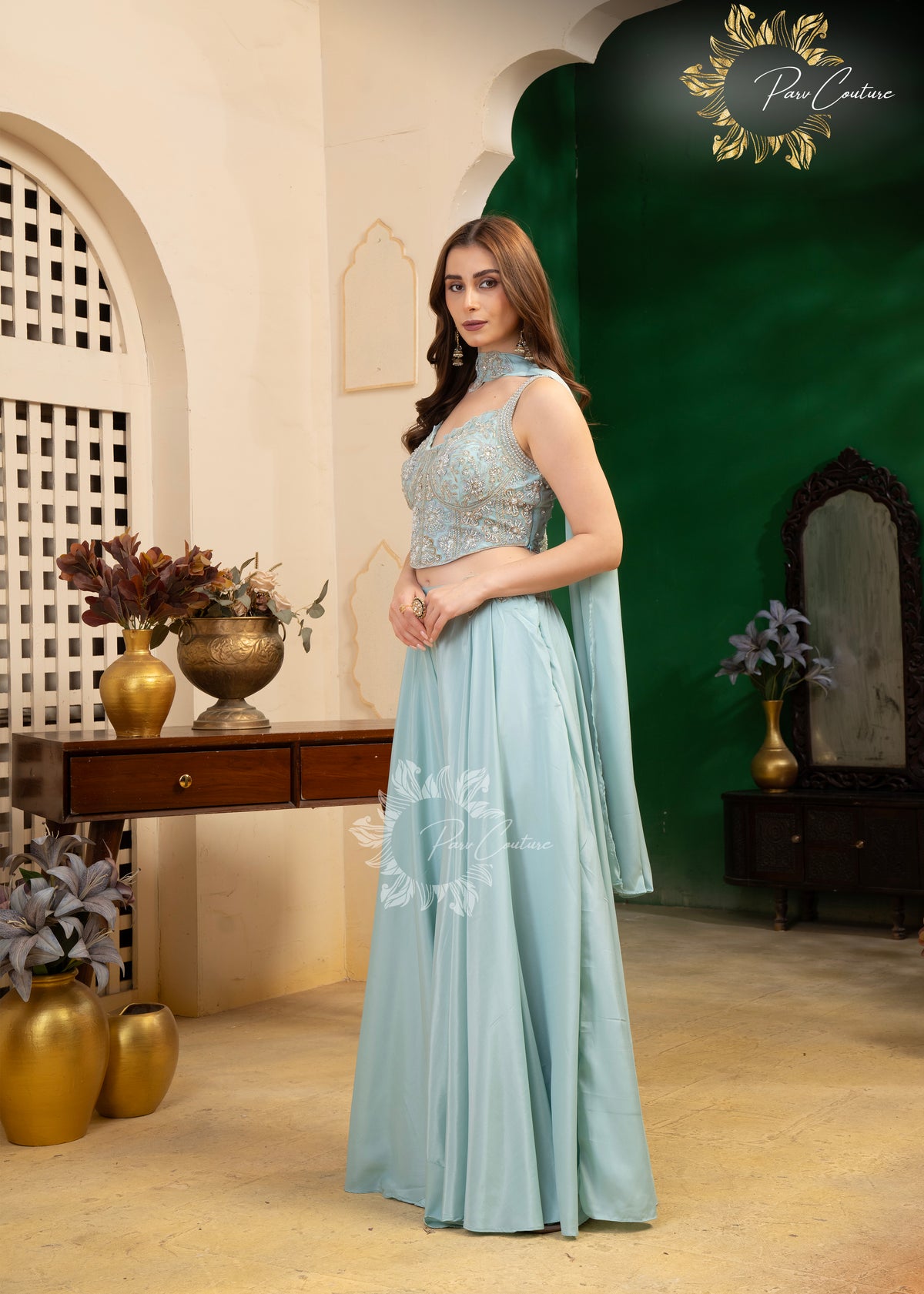 Aqua Mist & Lilac Embroidered Corset Sharara Set