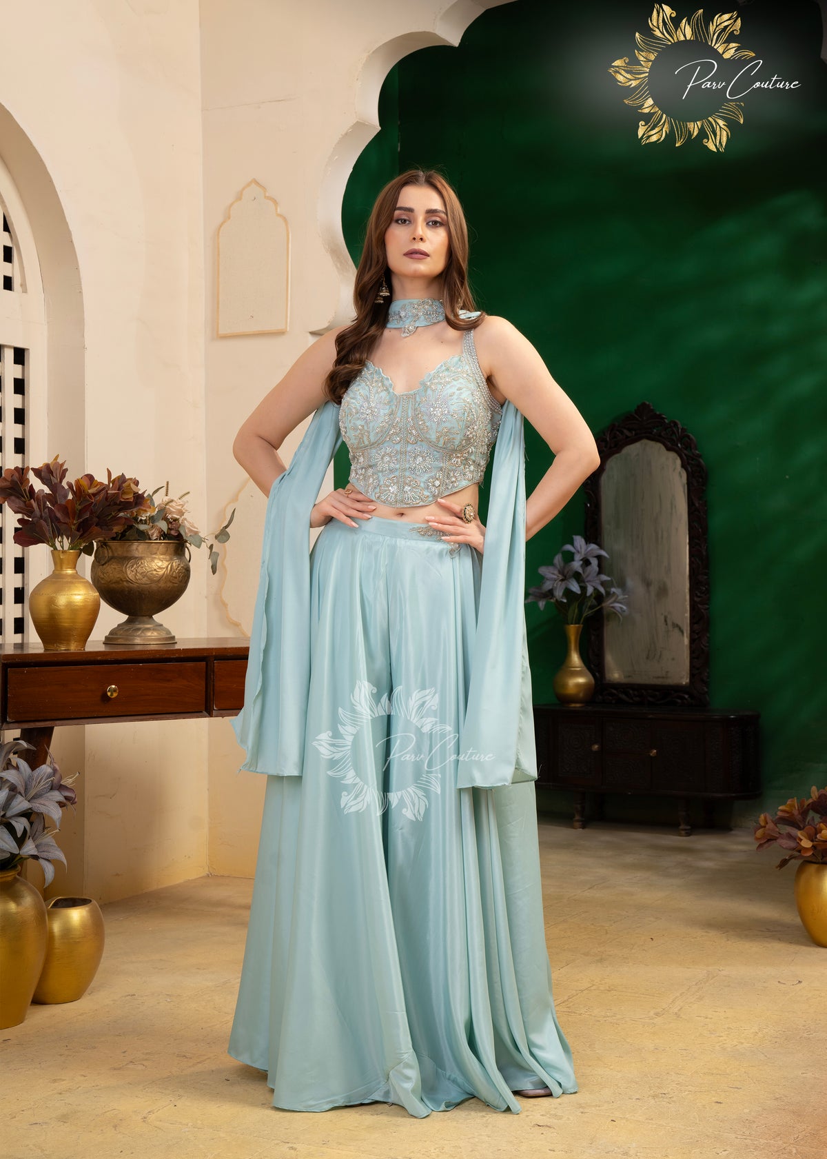 Aqua Mist & Lilac Embroidered Corset Sharara Set