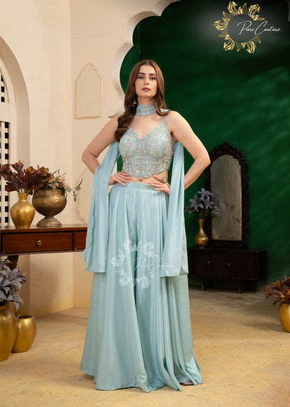 Aqua Mist & Lilac Embroidered Corset Sharara Set