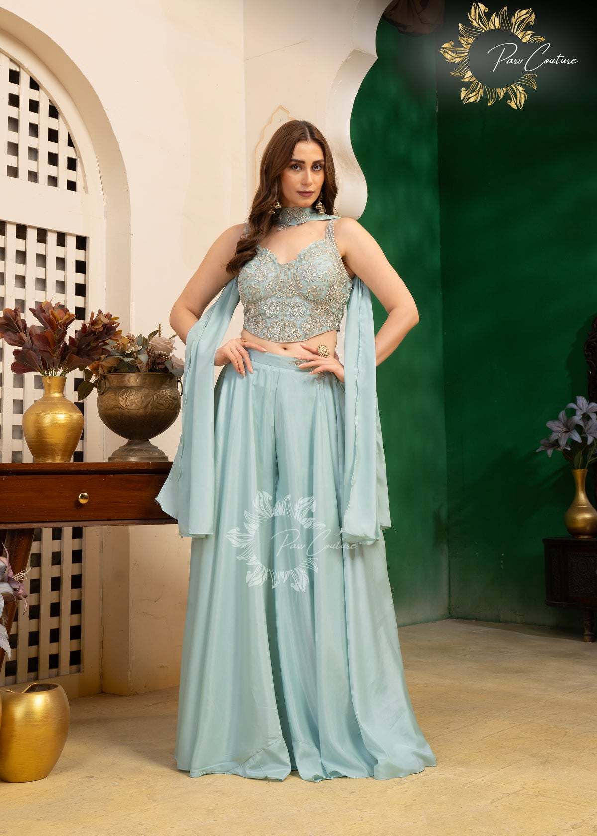 Aqua Mist & Lilac Embroidered Corset Sharara Set
