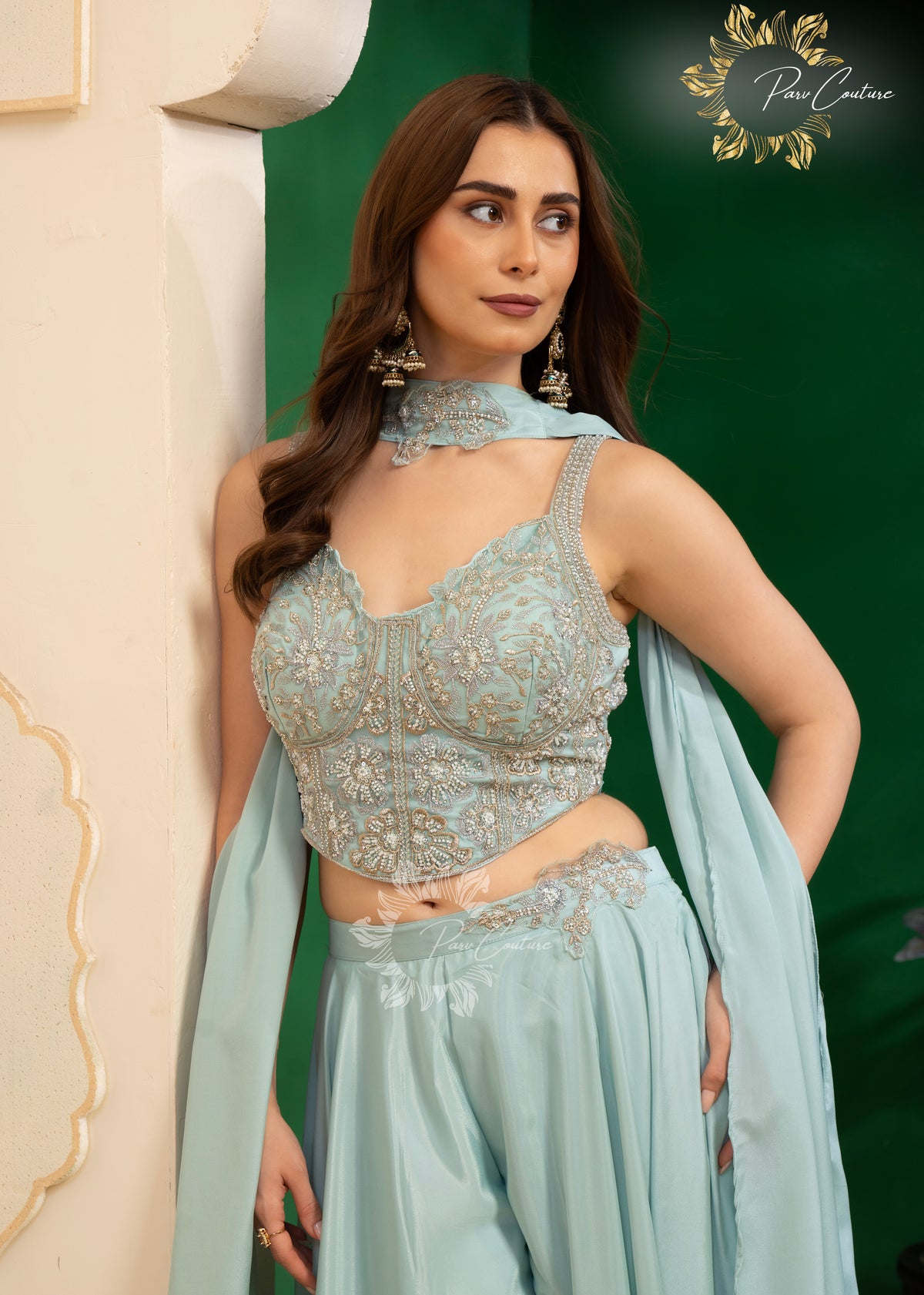 Aqua Mist & Lilac Embroidered Corset Sharara Set