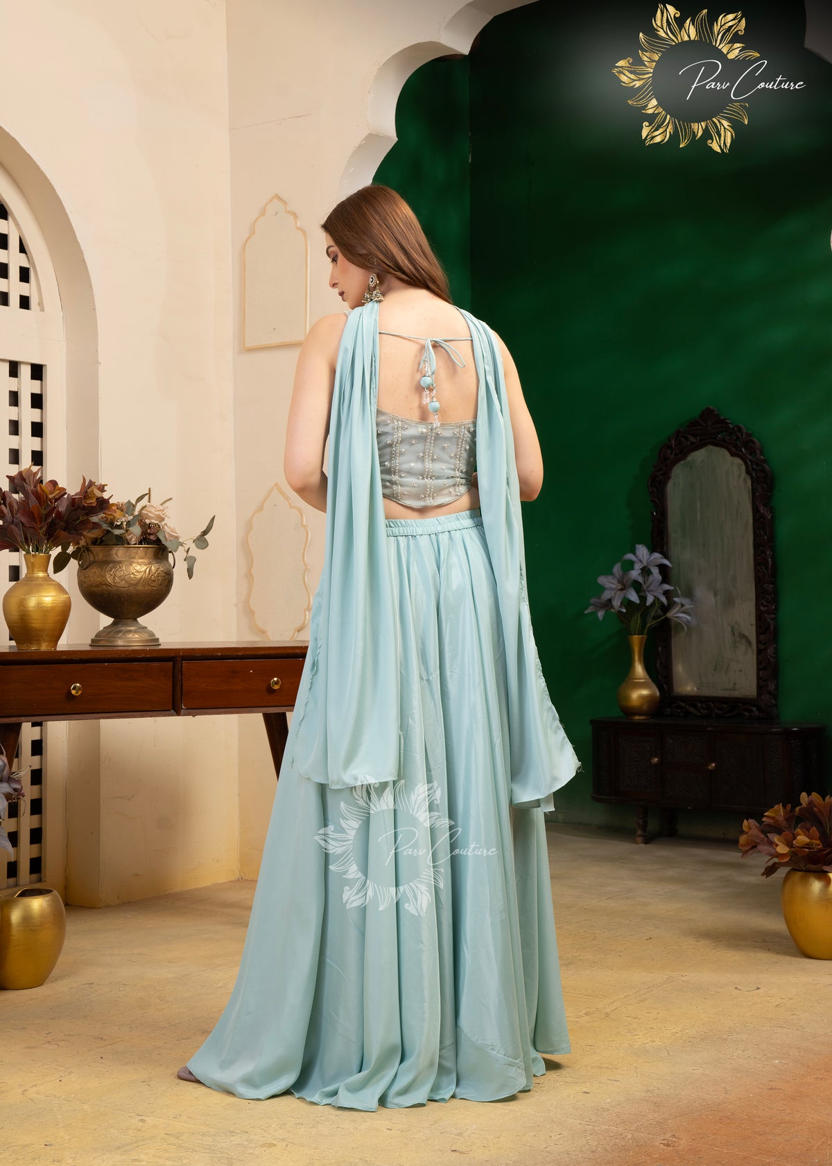 Aqua Mist & Lilac Embroidered Corset Sharara Set