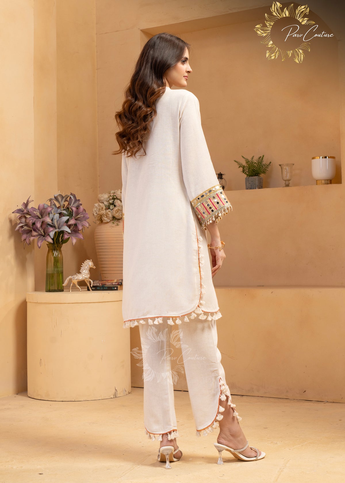 Noor Ivory Mirrorwork Embroidered Kurta Pant Set