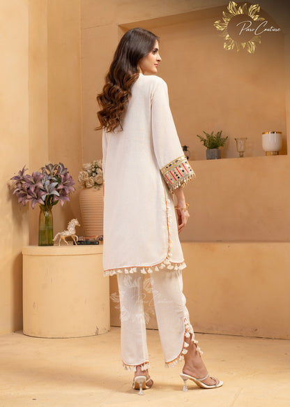 Noor Ivory Mirrorwork Embroidered Kurta Pant Set