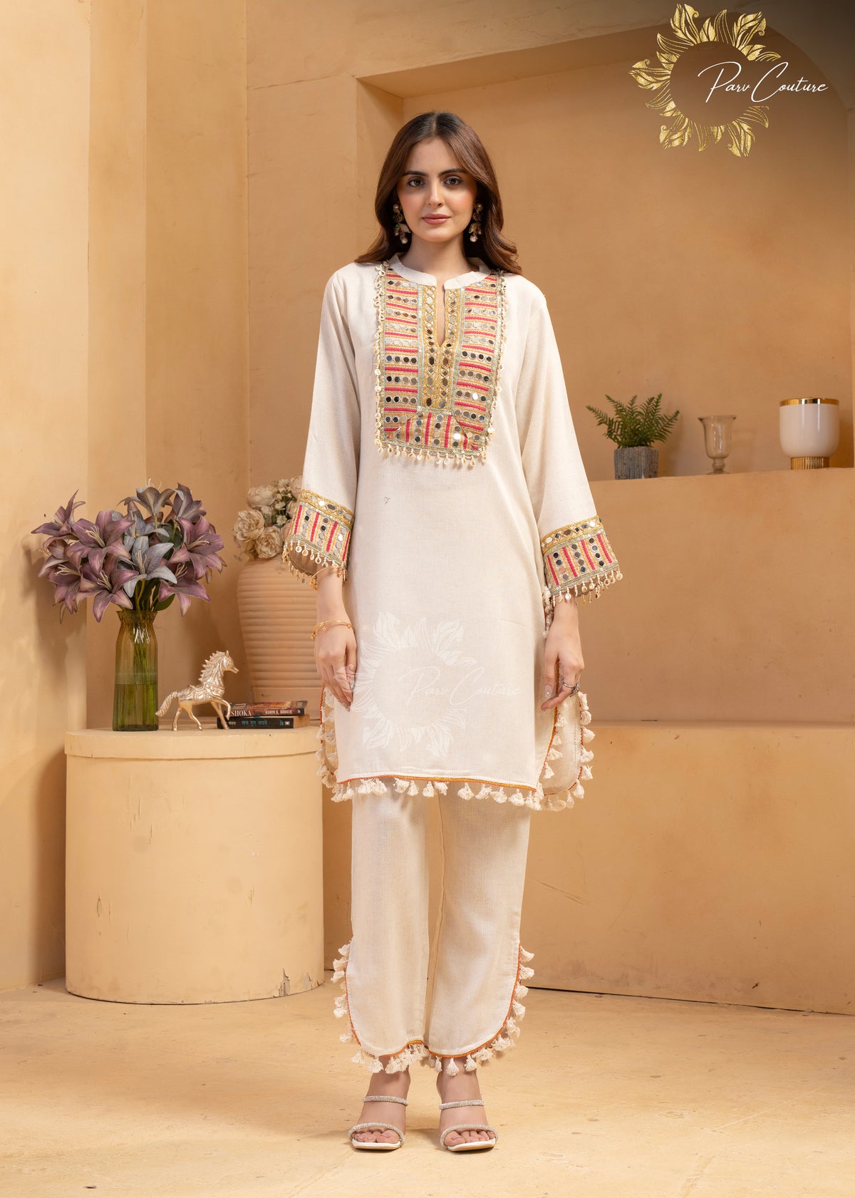 Noor Ivory Mirrorwork Embroidered Kurta Pant Set