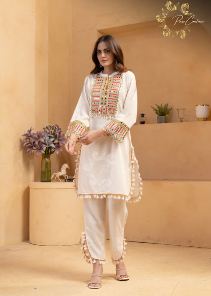 Noor Ivory Mirrorwork Embroidered Kurta Pant Set