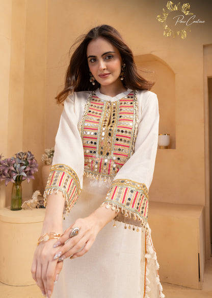 Noor Ivory Mirrorwork Embroidered Kurta Pant Set