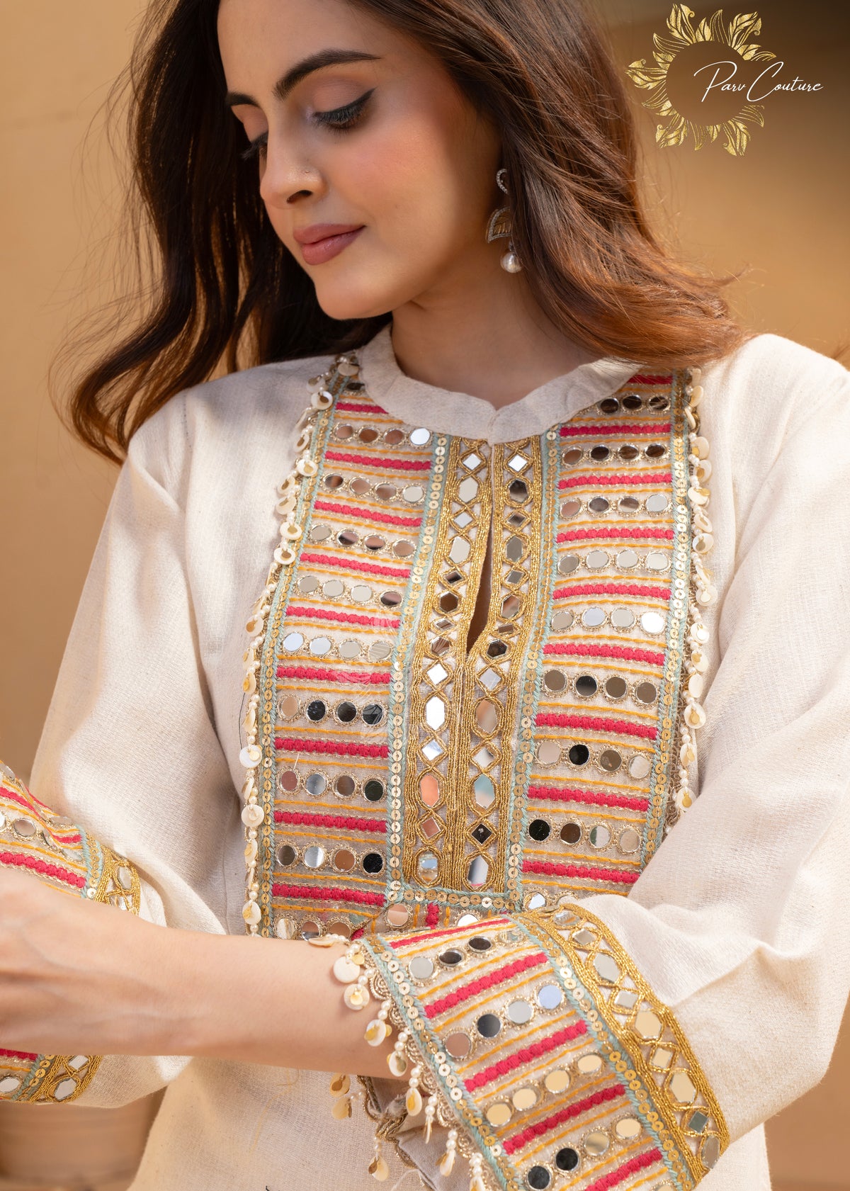 Noor Ivory Mirrorwork Embroidered Kurta Pant Set