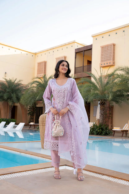 Pink Embroidered Tissue Pants Set