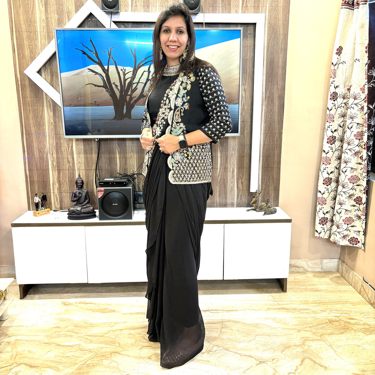 Noir Luxe: Black Pre-Draped Saree & Embellished Jacket Set