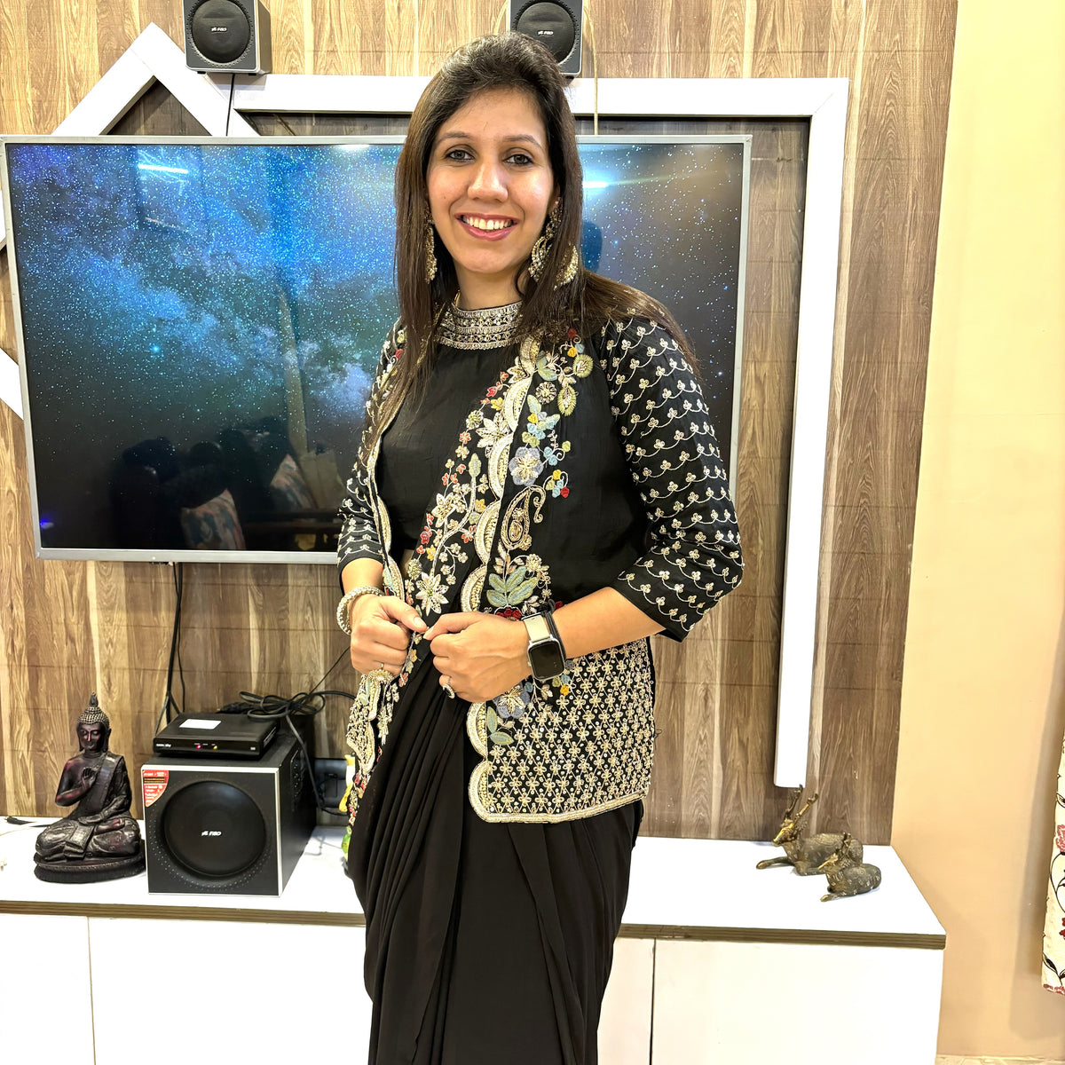 Noir Luxe: Black Pre-Draped Saree & Embellished Jacket Set