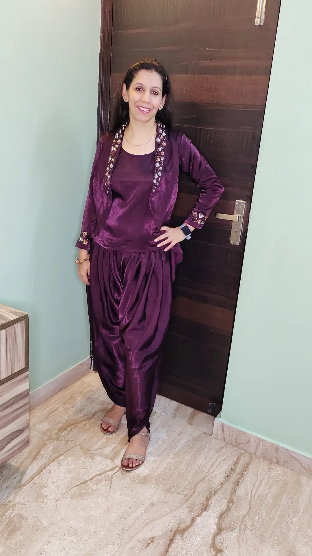Wine Collar Embroidery with Tulip Pants High-Low Dress