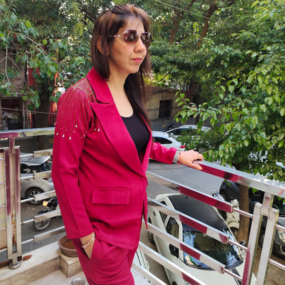 Glamourous Maroon Blazer Co-ord Set