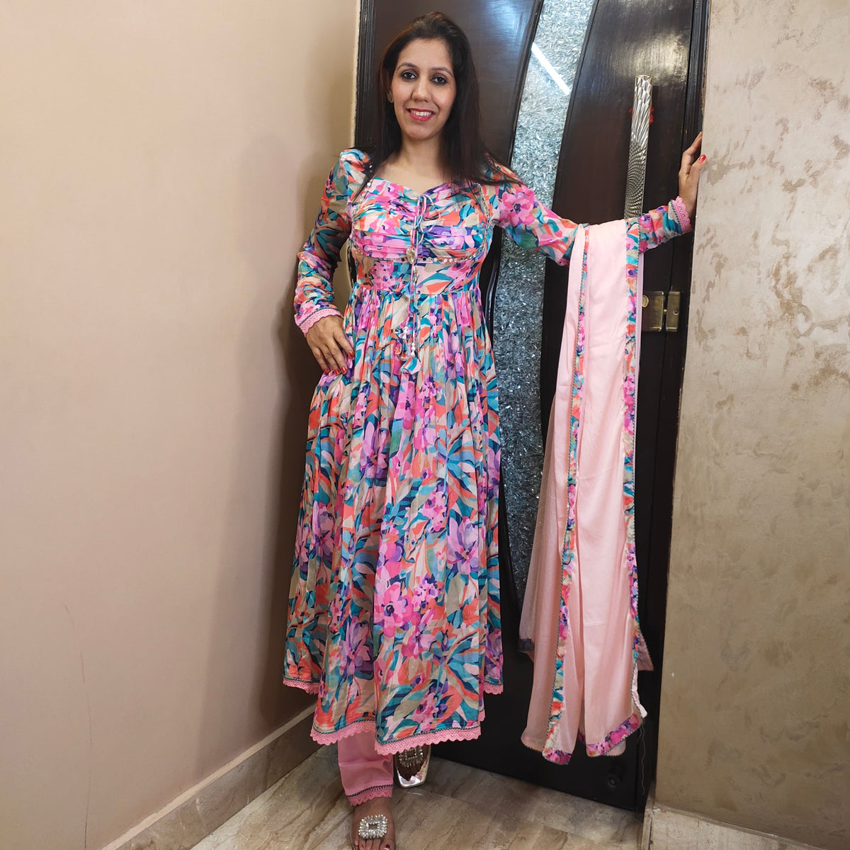 Multi Print Padded Chinnon Anarakali Suit