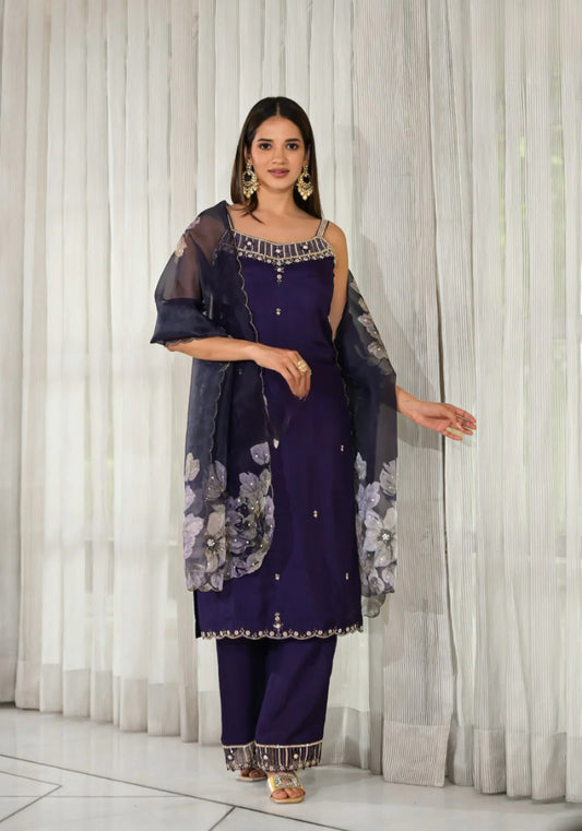 Midnight Bloom Straight Suit with Handcrafted Organza Dupatta
