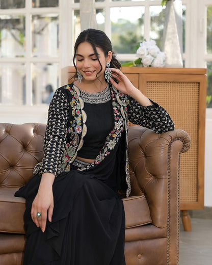 Noir Luxe: Black Pre-Draped Saree & Embellished Jacket Set