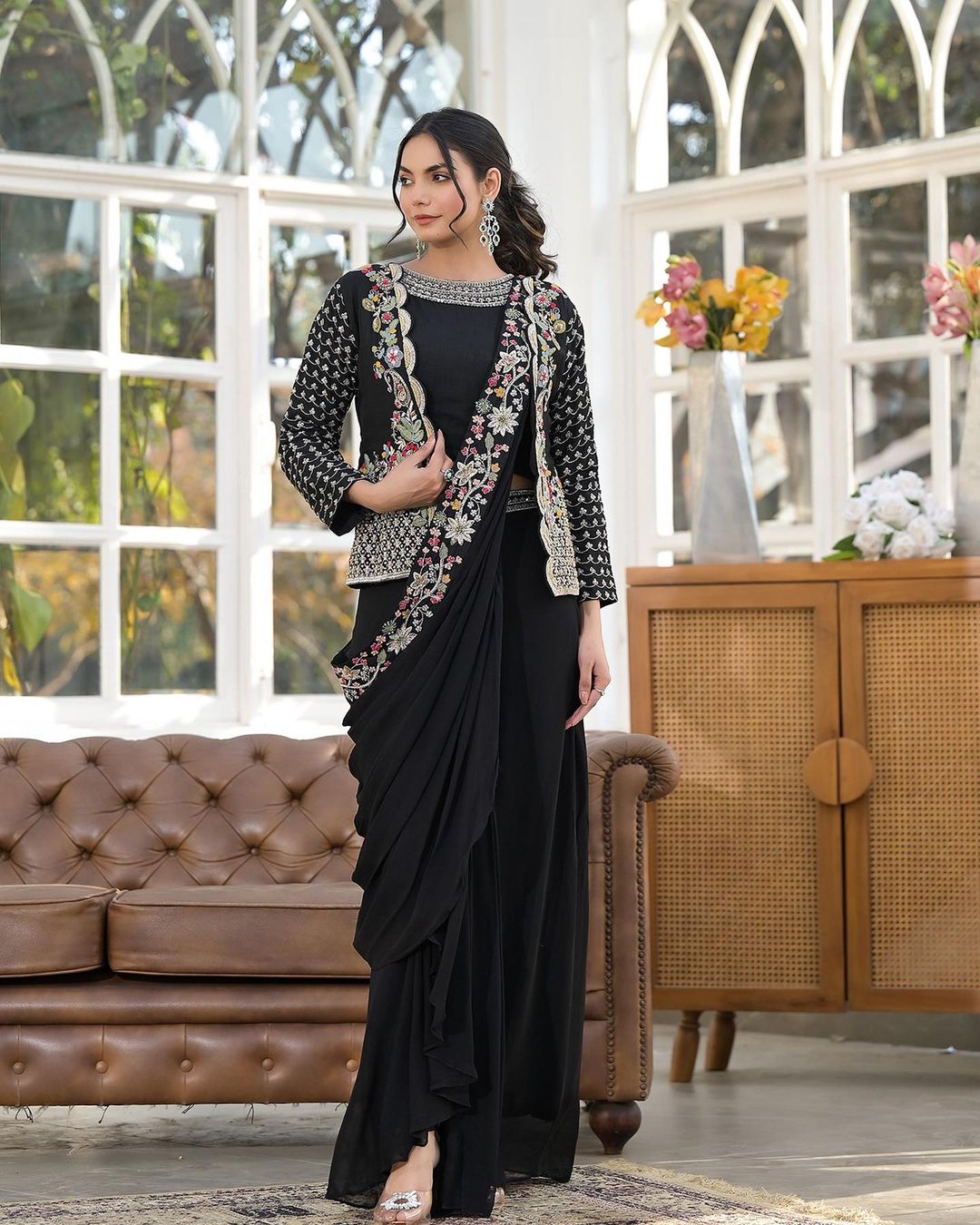 Noir Luxe: Black Pre-Draped Saree & Embellished Jacket Set