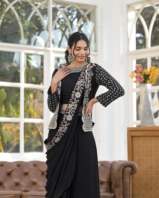 Noir Luxe: Black Pre-Draped Saree & Embellished Jacket Set