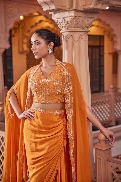 Orange Embellished Crepe Cape Set